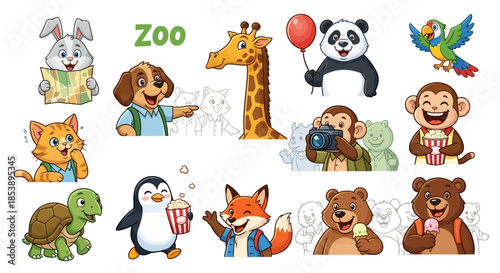 Cartoon Zoo Animals: Playful Characters with Distinctive Features and Expressions