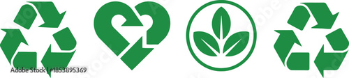 Various green symbols for environmental protection featuring recycling arrows and a heart with plant leaves