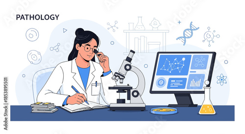 Illustration of a pathologist working in a lab with a microscope, notebook and computer for