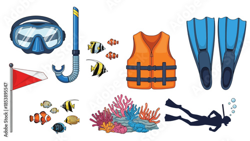 Scuba diving gear and colorful coral reef with fish