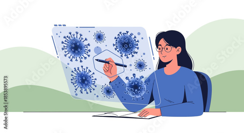 Illustration of a researcher analyzing coronavirus structure and recording data in a notebook for