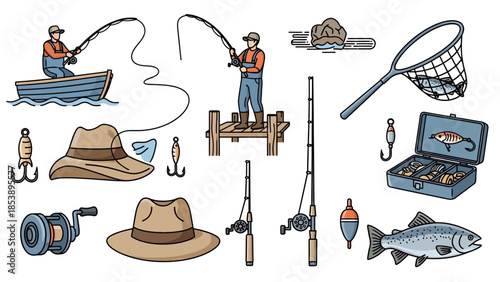 Fishing gear and fishermen illustrations set
