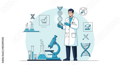 Illustration of a scientist analyzing dna with laboratory equipment symbolizing scientific