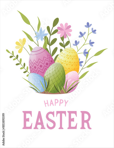 A template for an Easter banner, greeting card, or poster. Colorful Easter eggs surrounded by spring meadow flowers. Egg hunt.