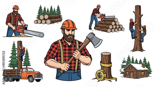 Lumberjack at work with axe and chainsaw in forest