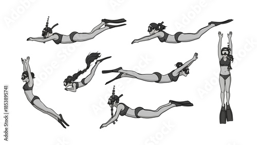 Women in various dynamic swimming and diving poses with snorkeling gear