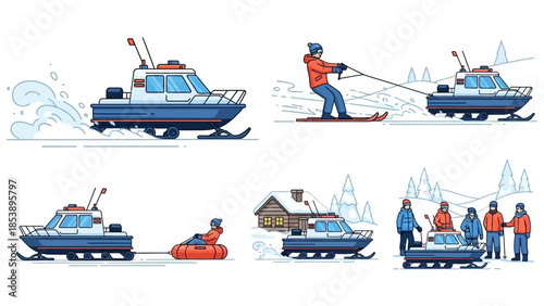 People enjoying winter activities with amphibious vehicle on snow