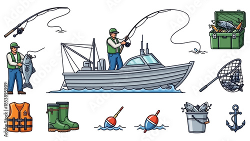 Fishing enthusiasts enjoying a day on the water with boat and gear