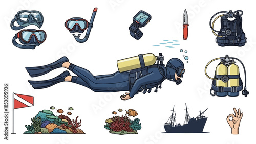 Scuba diver exploring vibrant coral reef with diving gear and equipment