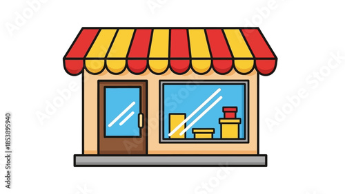 Colorful storefront with striped awning and modern design elements