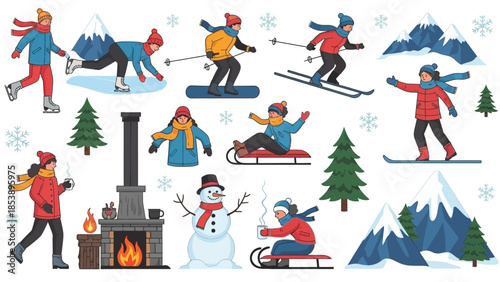 People enjoying winter activities in snowy mountain landscape