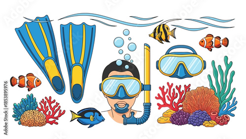 Snorkeler exploring vibrant coral reef with colorful fish