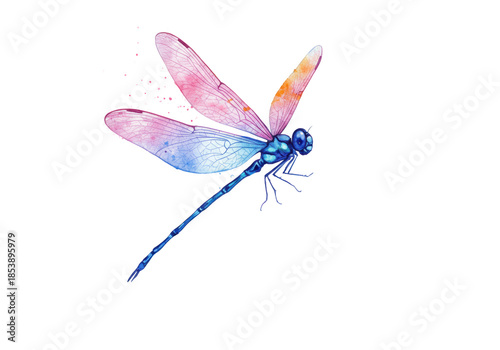 A stylized watercolor dragonfly with iridescent gradient wings in graceful flight, dynamic paint splatters on a transparent background, concept of ephemeral beauty