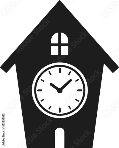 Modern minimalist cuckoo clock silhouette vector icon for traditional home decor time management craftsmanship wall clock retail and horology graphic elements.