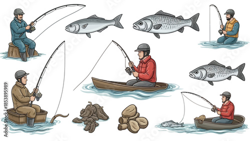 Men fishing in various settings with fish and gear