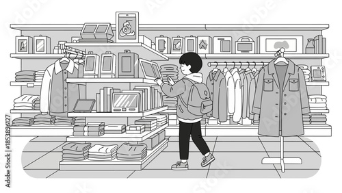 Teenager shopping for clothes in modern retail store