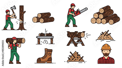 Lumberjack at work with logs and tools in cartoon style