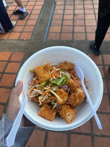 Delicious Chinese fried chicken and rice served as a gourmet meal with fresh vegetables and spicy sauce on a restaurant plate