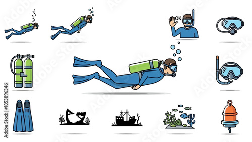 Scuba diver exploring ocean with equipment and marine life