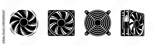 Computer fan collection, cooling devices, hardware, flat vector illustration