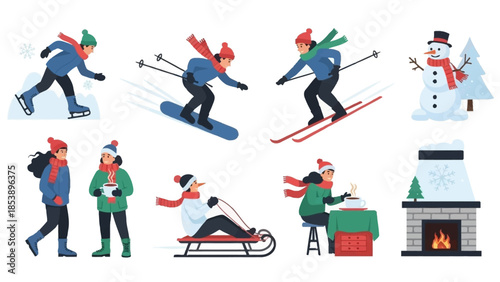 People enjoying winter activities in snowy landscape with warm atmosphere