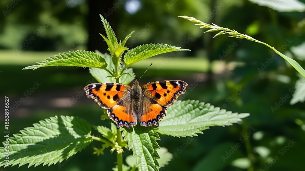Obraz premium 太陽光下で葉にとまる蝶の鮮やかなオレンジと黒