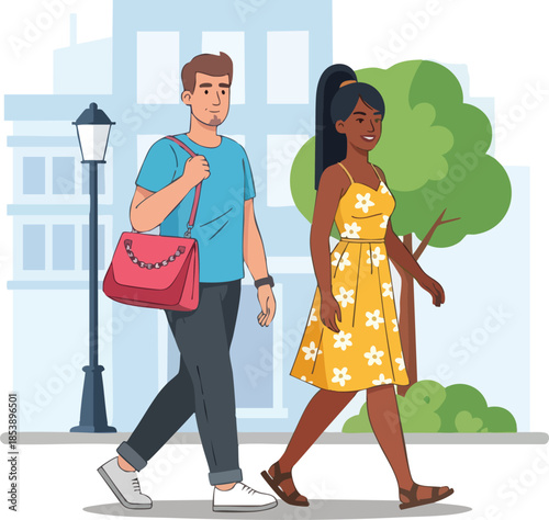 Man and woman walking together in city park with tree and street lamp post nearby ART-97