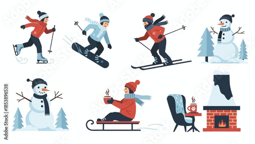 Winter sports and cozy moments in snowy landscape scenes