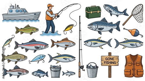 Vibrant fishing scene with fish, gear, and boat on water