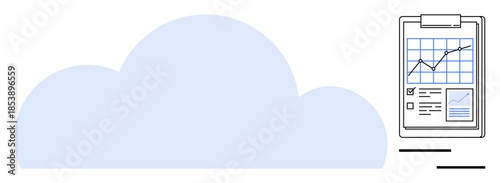 Data analysis, cloud computing, storage solutions, business reports, financial growth, tech solutions. Cloud shape beside a clipboard displaying a chart. Data analysis and cloud computing concept
