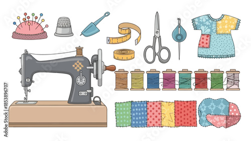 Sewing tools and materials for crafting and tailoring