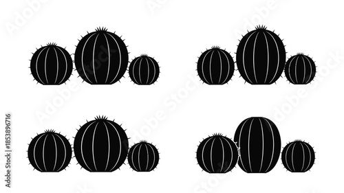 A collection of stylized black cactus silhouettes on a white background