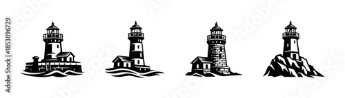 Lighthouse silhouettes designs, flat vector illustration