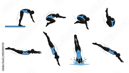Diver in various swimming and jumping poses in blue swimsuit
