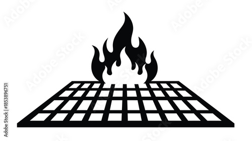 Black and white illustration depicting a grill with flames above it