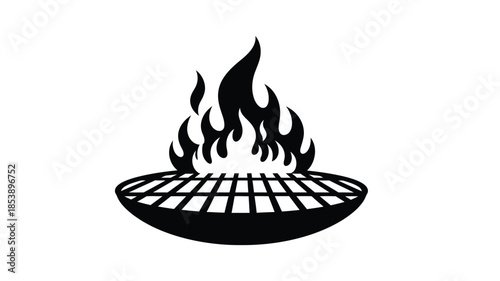 A simple black and white illustration of a barbecue grill with flames