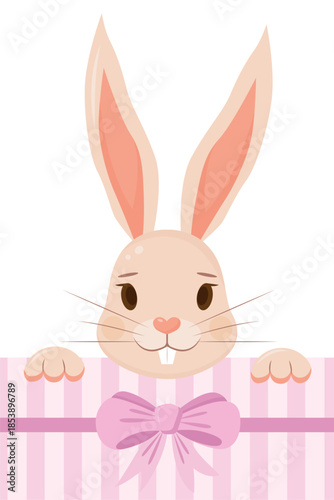 Easter banner, greeting card, or poster template. A cute design featuring a bunny emerging from a gift box.