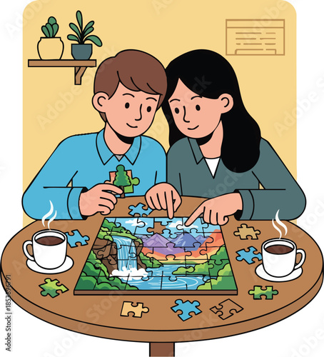 Couple works on scenic landscape jigsaw puzzle at wooden table with coffee.