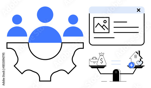 Business strategy through teamwork and balance. Teamwork gears drive collaboration, while balance scales decisions. Perfect for teamwork, strategy, business, leadership, and collaboration