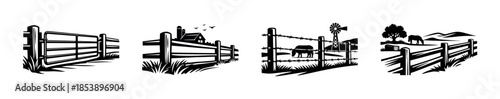 Farm fence scenes, cows, barn, windmill, flat vector illustration