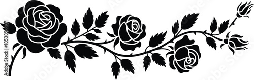 Black silhouette of a rose vine with blooming flowers and leaves branch