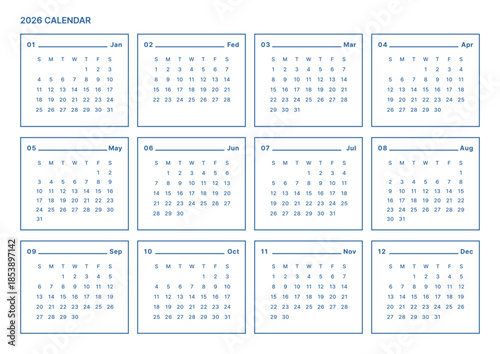 Professional 2026 full-year calendar template in a clean navy blue and white design. Features a structured 12-month grid layout, ideal for corporate planning, office use, and personal organizers.