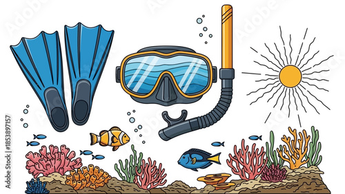 Snorkeling gear with colorful coral reef and fish underwater