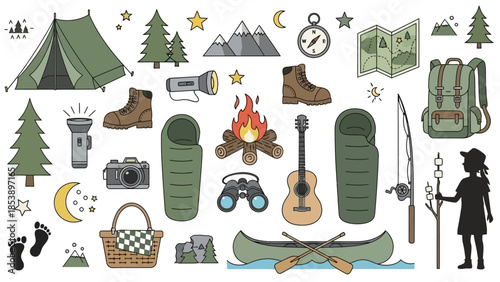 Vibrant camping icons set for adventure and outdoor activities
