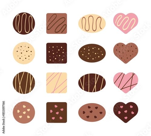 A collection of assorted chocolate truffles in circle, square, oval, and heart shapes with cute patterns. Perfect for Valentine's Day designs, dessert menus, and sweet confectionery branding.