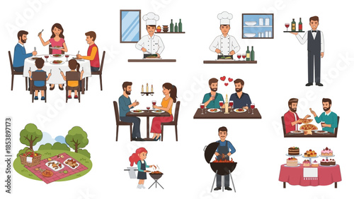 People enjoying meals together in various settings and activities