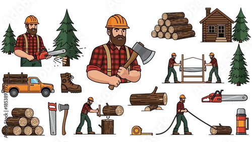 Lumberjack at work with tools and logs in forest setting
