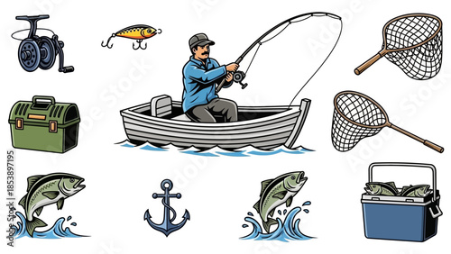 Man fishing in small boat with tackle and gear