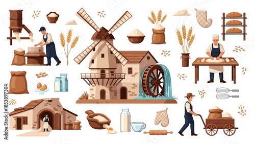 Traditional baking scene with windmill and millstone