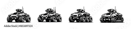 Military robots, futuristic, flat vector illustration, combat technology, unmanned